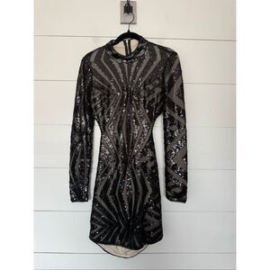 J.our Women’s Medium Black Nude Sequin Bodycon Sequin Dress Longsleeve Open Back